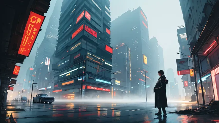 concept art. Old buildings. Cyberpunk city buildings. Masterpiece. Blade runner vibes. Fog. Rain. single vintage ford car. Technoir. Neonoir. loneliness.