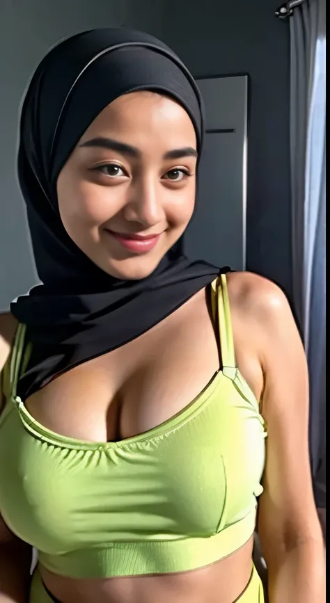 (iu:0.8).cleavage, RAW, Best quality, high resolution, Masterpiece: 1.3, Beautiful shy hijabi java girl wearing croptop and boyshort, Masterpiece, Soft smile sexy breast