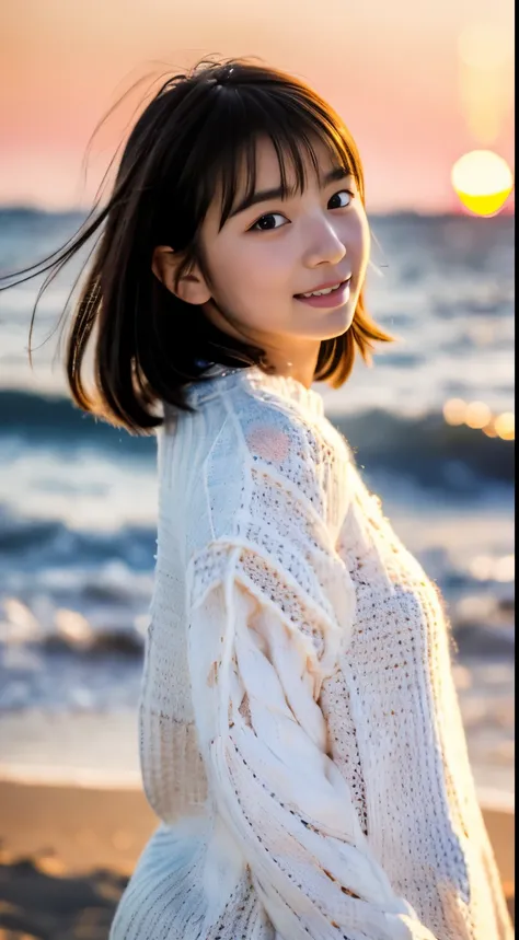 japanese girl, 15 years old, little, cute, (white oversized knitted sweater:1.3), on the beach, Sunset over the sea, pupils sparkling, brown short hair, depth of field, f/1.8, anatomically correct, textured skin, super detail, high details, high quality, s...