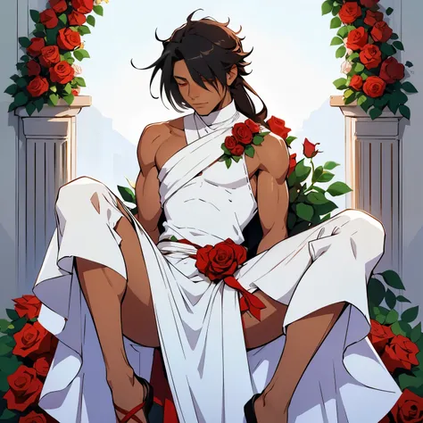 A man (male), in a white dress, with roses covering him, light tan skin, roses on his leg, black floofy hair part of it covering his eyes, and red eyes, skinny