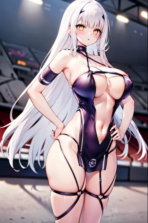 masterpiece, best quality, extremely detailed, 1girl, milf, solo, (huge breasts:1.4), ((((white hair), long hair, yellow eyes, slit pupils))), parted lips, (((race queen, pelvic curtain, criss-cross halter, thigh strap))), ((blush, :o), closed mouth), ((ha...