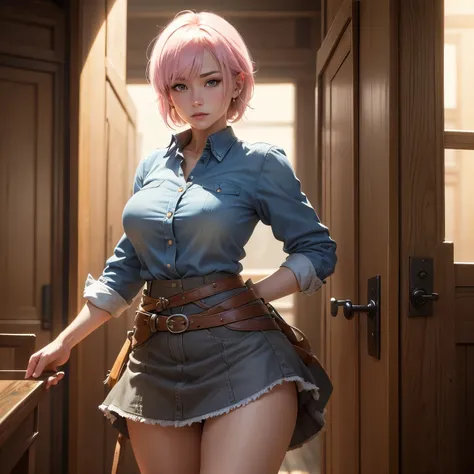 8k, masterpiece, best quality, realistic, higly detailed, cowboy shot, 1girl, solo, Ichika Nakano, very short hair that has a single long strand on the right side, white-pink hair, a single earring, dark blue eyes, average height, well-endowed figure, larg...