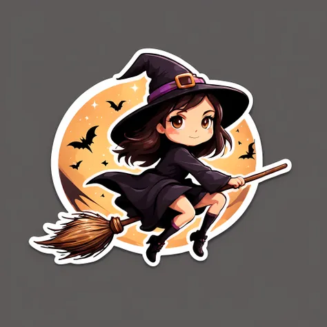 sticker, (cute minimalistic logo:1.4), masterpiece in maximum 16k resolution, a pretty witch ((riding a legendary magical brooms...