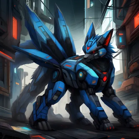 solo, fox, male, blue mech, feral, quadrupedal, fox mech, nine tails, red eyes, cyberpunk theme, uploaded on e621,