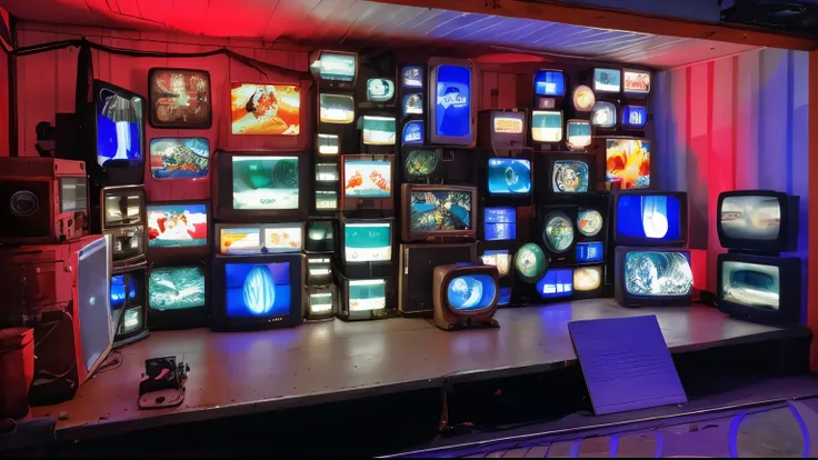 background with several vintage TVs turned on