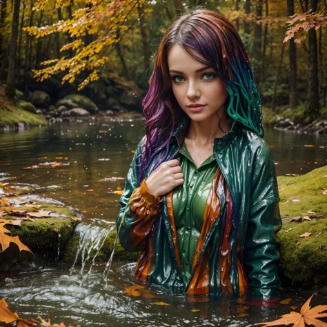 masterpiece, best quality, autumn outfit, colorful hair, outdoor,upper body, colorful autumnal clothes, ((fully clothed)), warm clothes, wet clothes, soaked, drenched, excited, wet hair, wet and slimy, water up to her chest, submerged, translucent, fantasy...