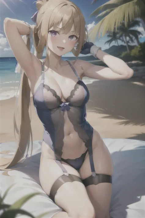 masterpiece, best quality, highres, high_definition, very long hair, a beach, 1girl, solo, a woman in a sexy bridal lingerie, white glove, sexy pose, blush, little smile, bangs, hair_between_eyes, purple eyes, blond hair, ponytail, medium_breasts, sexy lin...