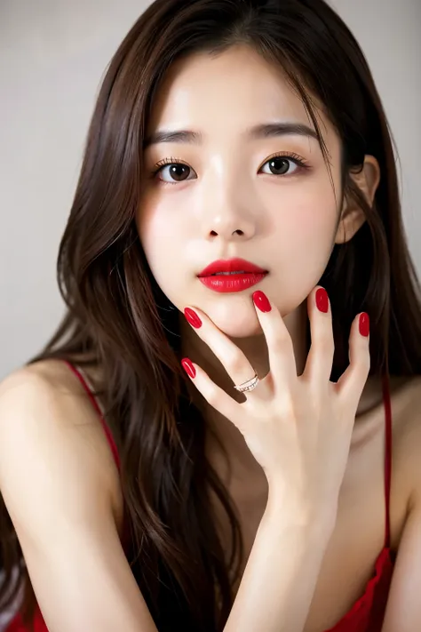 Wearing red nails、Korean Beautiful Girl。I&#39;m resting on my chin、Hiding your face with your hands。