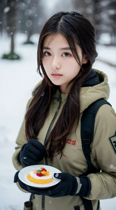 A hermoso brunette soldier girl, vistiendo equipo militar de camuflaje de invierno, Plataforma portadora de placa de camuflaje, guantes de combate, AR-15, durante una tormenta de nieve,, hermoso, malhumorado lighting, Mejor calidad, retrato de cuerpo compl...