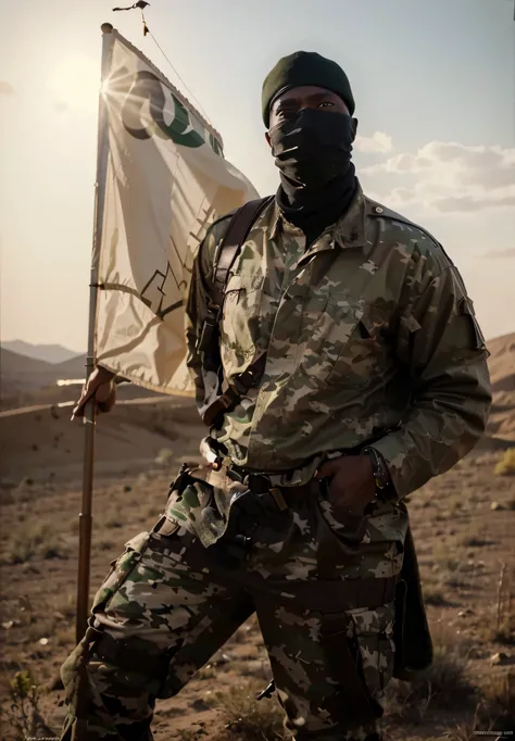 Soldado africano, He wears a black mountain cap that covers his entire face., cara cubierta por un hijab, Soviet-style beige military uniform, ammunition belts, el esta en un desierto, behind him there is a green flag with a symbol, 4k, ultra detallado ima...