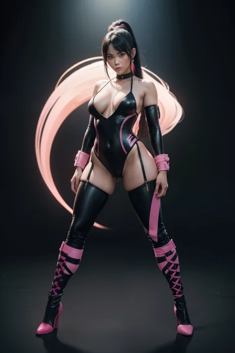 Mika, o personagem de Street Fighter, wearing her iconic classic look. she is standing. (Shes dressed in a tight combat suit, corpo todo, cabelo liso preto e rosa, Black Micro Rope Bikini, Botas longas pretas e rosas : 1.2)Ciberpunk, highlighting your beau...