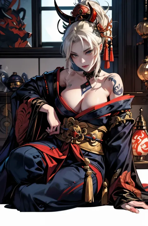 beautiful demon painting, Demon woman with a sword, strong female samurai, mouth with fangs, gambling, platinum blonde demon, Beautiful red kimono, Oiran, highest ranking woman, Ghost Girl, Female Yakuza, Doji Ibaraki, Sake Drinker Doji, Inspired by Chen Y...