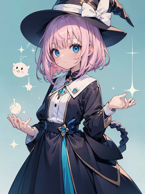 One length bob cut braided black hair，light pink magician hat，dark blue witch，Cute and pretty girl
