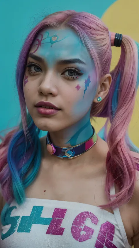 Vogue style photo shoot of malay teenage girl as character harley quinn from the movie suicide squad with pastel colored background in Wes Anderson style, hyper - realistic photography, Wes Anderson style, full body, 8k, close - up shot, extreme close - up...