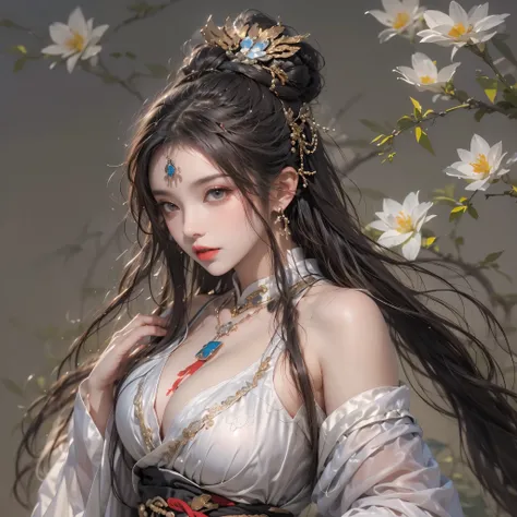 lifelike, high resolution, 1 female, Buttocks up, beautiful eyes, long hair, eye socket, jewelry, tattoo, V-neck, huge breasts, Upper body, hanfu, Chinese fairy, Taoist clothing