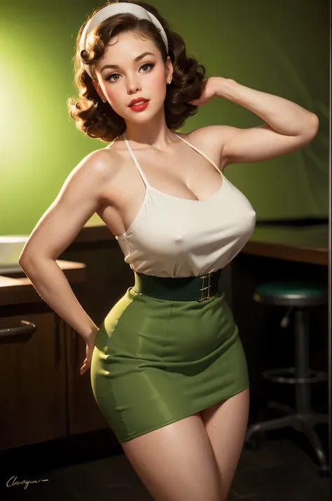 wearing a pencil skirt dress, milk maid dress, cocktail dress, drop waist swing dress, pleated skirt drop waist dress, sun dress, 60s bikini, in {green and white, straight bob|flip with headband|   Half-Up Middle Part|big curls|long straight|, Bombshell}, ...