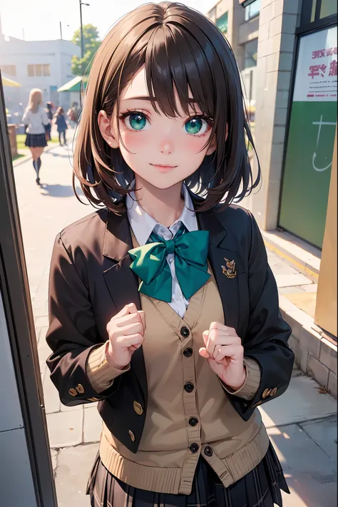 ((masterpiece, best quality, highres, UHD, perfect pixel, depth of field, 4k, RTX, HDR))), 1girl, single, solo, beautiful anime girl, beautiful artstyle, anime character, ((long hair, bangs, brown hair, curly hair:0.5)), ((green eyes:1.4, rounded eyes, bea...