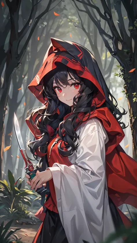 (hand holding knife gripping knife in hands), profile close-up face (solo curly hair black long hair cute girl, 14 yo, cute red eyes, cute smile, (head is red hood, body is  robe with ruffles, long skate), in the deep forest, break, masterpiece:1.2, best q...