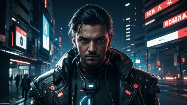 Um homem no estilo cyberpunk, He is looking at the camera, Ultra HD, 8k, Realista, Technological cyberpunk
