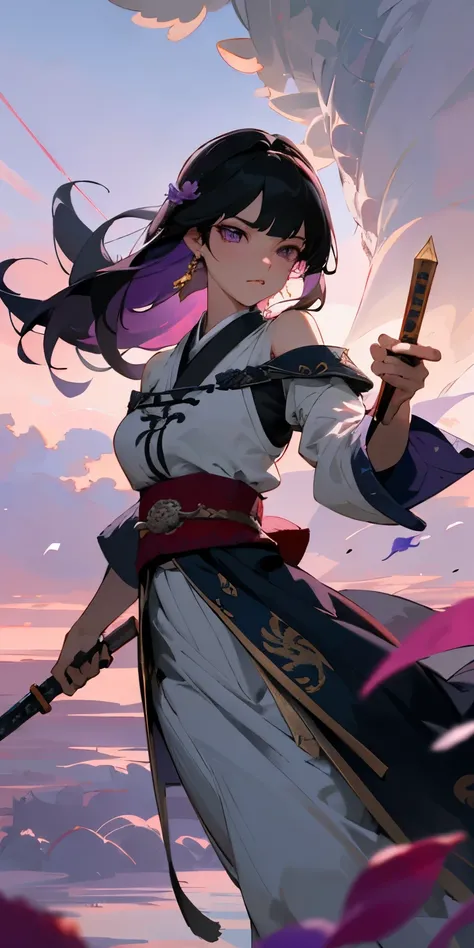 HD ultra-realistic 4k ，Game of Kings glory Mulan，masterpiece，（（Super detailed background，Exquisite pattern，intricate details）），black hair，Have bangs，Holding dagger in both hands，purple eyes，Haori，dragon horn，belt，Unruly eyes，purple flower，mostly cloudy Sky...