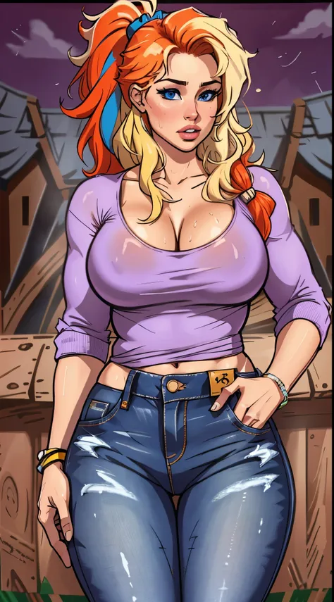 High resolution illustrations, unrivaled masterpiece, ultra-realistic 8k CG, perfect artwork, (fidelity: 1.5), farm, ranch, ((night)), cloudy, ((mature woman)), (((solo))), wet hair, blond hair, curly hair, single ponytail, blue eyes, huge tits, big ass, n...