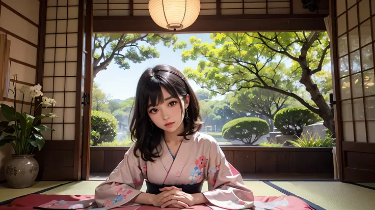 masterpiece,hyper quality, very detailed,perfect picture,alone、kimono美人、In general、kimono、black haired bitch、japanese hair、colorful japanese kimono、Nishijin textile、delicate and smart eyes、half-open lips、look sideways、elegant、nice、beautiful、blush(0.2)、dazz...