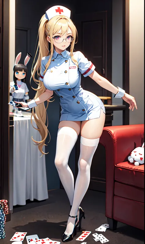 Hospital ward background,Playing card decoration,Long light blonde hair,Standing close-up,dream world,Sister nurse,(glasses),High ponytail,Messy hair,Elongated danphoenix eyes,(white nurse,Handheld dolls,Bunny doll：2.0),(big breast)Background of poker deco...