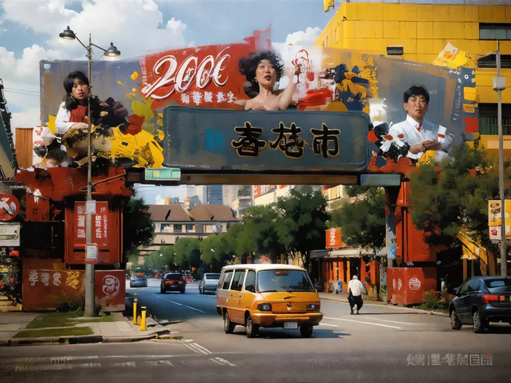 Alaphes and cars driving on the street under the Chinese archway, Celebrating Chinese New Year in Shanghai, baotou china, ruanjia, Chiba Yudai, Since 2001, Guangjian, nanquan, Hungry Ghost Festival, Li Zixin, Chinese style, Street trees on both sides of th...