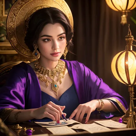 An ultra-detailed, high-quality masterpiece of a realistic and photorealistic scene featuring a beautiful and glamorous fortune teller conducting a Tarot reading. The scene showcases a table covered with a purple cloth, adorned with Tarot cards. The fortun...