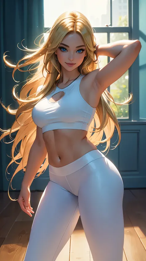 (best quality,ultra-detailed,photo-realistic:1.37),bright and vibrant colors,studio lighting,playful expression,stylish makeup,long blonde hair flowing in the wind,alluring eyes,glossy lips,sexy pose,Yoga Pants, Yoga Studio, smiling in a confident and sedu...