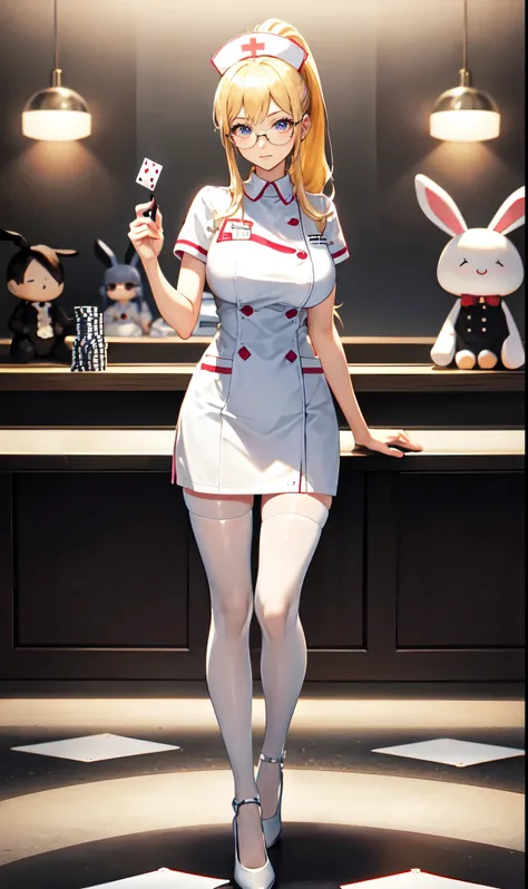 Hospital ward background,Playing card decoration,Long light blonde hair,Standing close-up,dream world,Sister nurse,(glasses),High ponytail,Messy hair,Elongated danphoenix eyes,(white nurse,Handheld dolls,Bunny doll：2.0),(big breast)Background of poker deco...