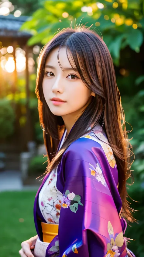 Beautiful Japanese supermodel woman, A lock of hair with slight highlights, black eyes, mixed media, Sexy，garden background，Gorgeous purple kimono , Liquid color flows across her face, sunset，Photographed by Wang Luodan