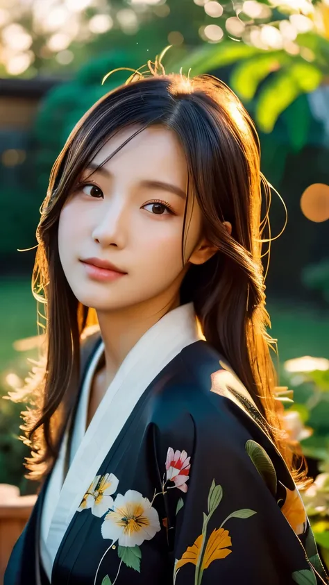 Beautiful Japanese supermodel woman, A lock of hair with slight highlights, black eyes, mixed media, Sexy，garden background，Gorgeous kimono , Liquid color flows across her face, sunset，Photographed by Wang Luodan