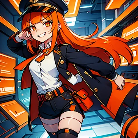 (masterpiece, best quality:1.2), 1girl, solo, grin,white collared shirt, black coat, peaked cap, patchwork clothes, orange hair, orange eyes, asymmetrical hair, bangs, blunt bangs, curtained hair, side swept bangs, sidelocks, smirk, open mouth, anatomicall...