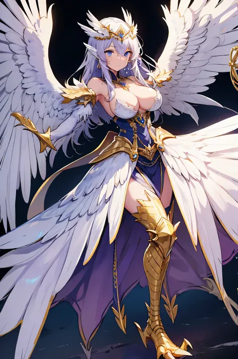 4K,High resolution,one woman,harpy,White purple hair,long hair,blue eyes,big breasts,white wings,golden nails,Valkyrie,white holy armor,winged hat,Jewelry Decoration,crystal decoration,gold decoration,Temple in the Sky