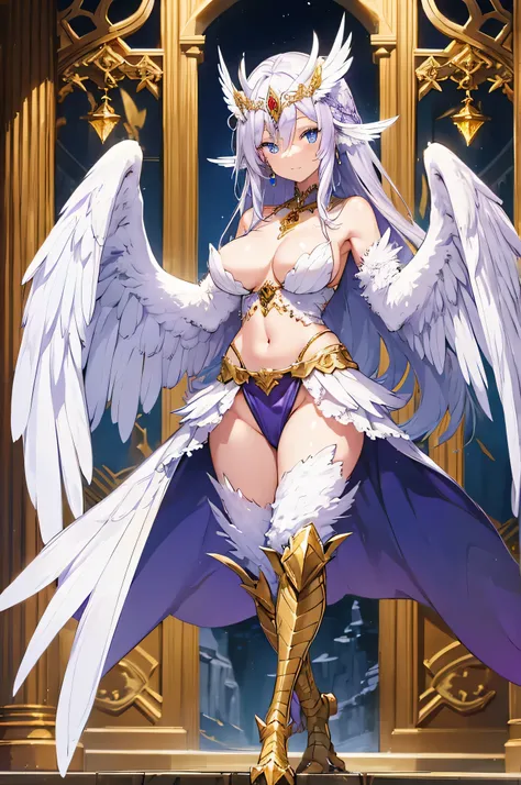 4K,High resolution,one woman,harpy,White purple hair,long hair,blue eyes,big breasts,white wings,golden nails,Valkyrie,white holy armor,winged hat,Jewelry Decoration,crystal decoration,gold decoration,Temple in the Sky