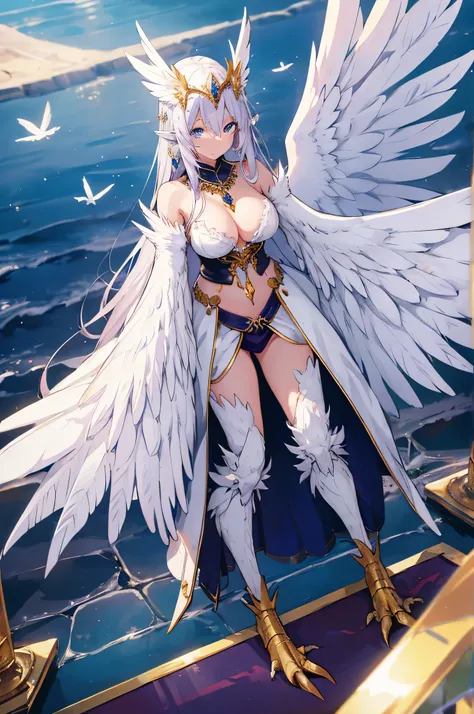 4K,High resolution,one woman,harpy,White purple hair,long hair,blue eyes,big breasts,white wings,golden nails,Valkyrie,white holy armor,winged hat,Jewelry Decoration,crystal decoration,gold decoration,Temple in the Sky