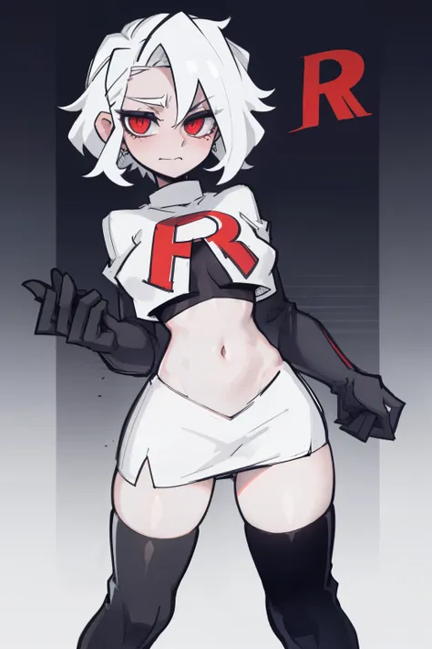 masterpiece, best quality,zdrada,red eyes, white hair,team rocket,team rocket uniform,white skirt,red letter r,crop top,black th...