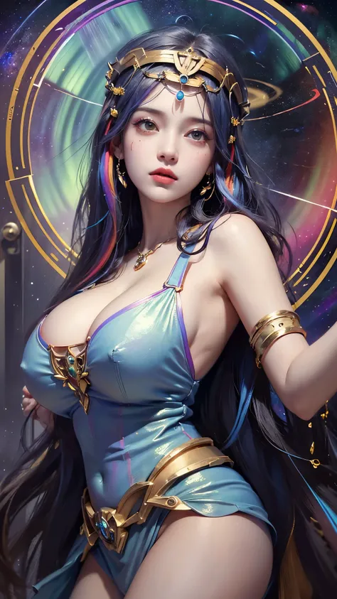 
((best quality, 8 thousand, masterpiece:2)), (20세 female 1명), ((very small face)), (glowing skin), (super huge cleavage tits:1.8), very detailed 얼굴과 피부 질감, detailed eyes, Athena, the mythical goddess from the future, Elegant glitter Athena style, dark and...