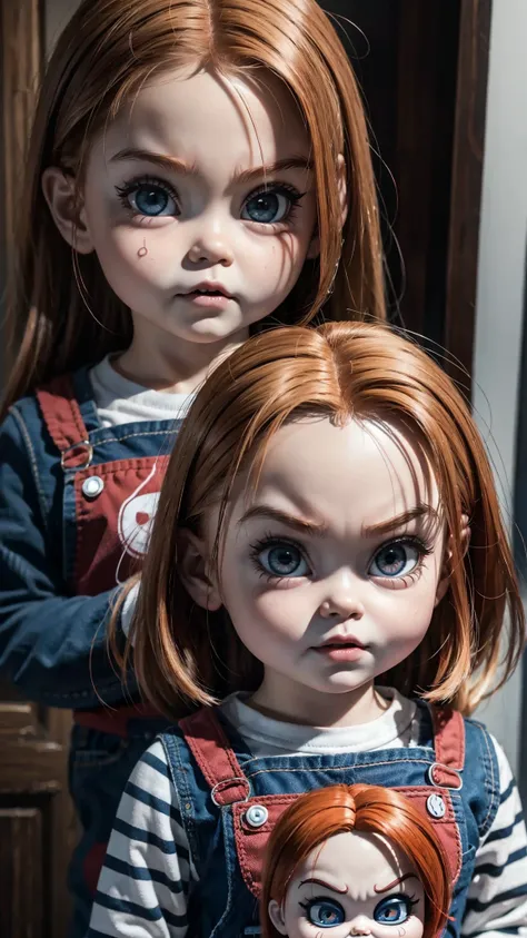 Chucky doll version girl, always repeat the same face, always repeat the same appearance, always repeat the same proportions, always repeat the same outfit