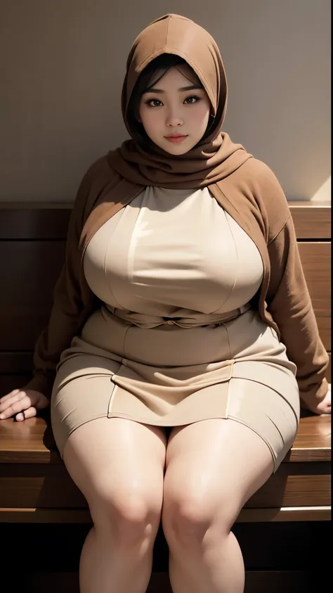 there is a woman sitting down with a brown hijab, bbwchan, thicc, brown hijab outfit, brown hijab fashion model, korean girl, ko...