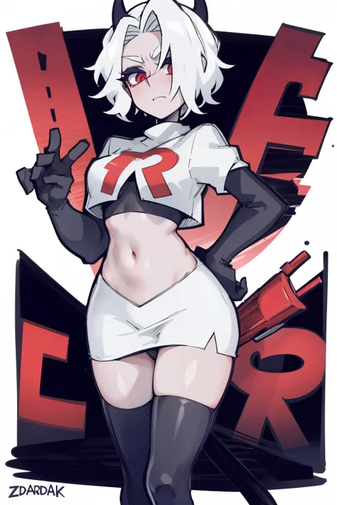 masterpiece, best quality,zdrada,red eyes, white hair,team rocket,team rocket uniform,white skirt,red letter R,crop top,black thigh-highs,black elbow gloves, comic strip