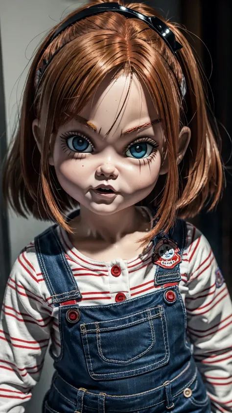 Chucky doll version girl, always repeat the same face, always repeat the same appearance, always repeat the same proportions, always repeat the same outfit,  alone, 