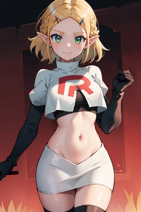 zelda, green eyes, short hair ,team rocket,team rocket uniform, red letter r, white skirt,white crop top,black thigh-high boots ...