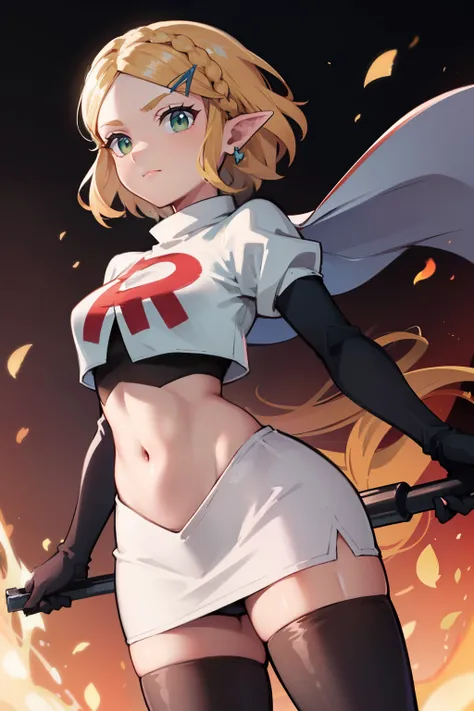 Zelda, green eyes, short hair ,team rocket,team rocket uniform, red letter R, white skirt,white crop top,black thigh-high boots ,black elbow gloves, sinister villianess look,