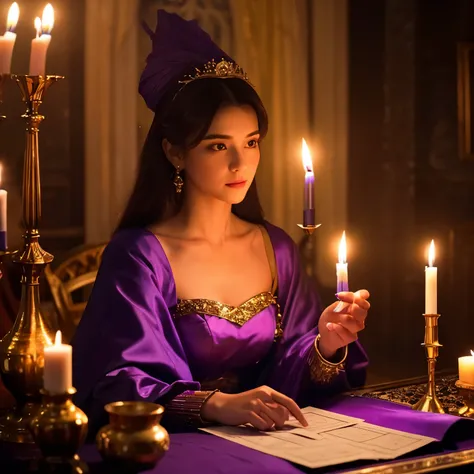 high quality,Live-action,Beautiful woman,purple costume,tarot cards on the table,Fortune telling,look up at the viewer,illuminated by candlelight,candle flame flickers,Glittering atmosphere