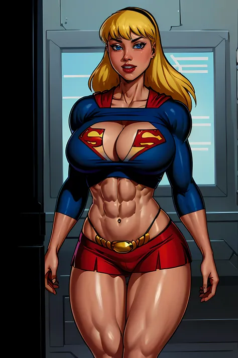 a beautiful comic book illustration of Supergirl from DC Comics, drawn by artist Jim Lee, Artgerm, (edge lighting:1.1), long hair, an extremely beautiful, high resolution portrait photo of the super heroine Supergirl, (skintight:1.1), crop top, (bare midri...