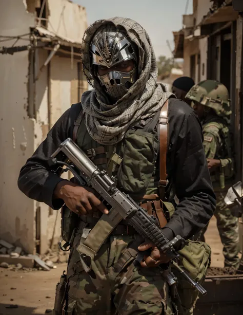 Soldado africano, piel oscura, wears a chrome and silver metal skull mask, se cubre la cabeza con una keffiyeh, muy musculosa, camisa militar rota, chaleco antibalas, Belt with ammunition, pantalones militares, carries a soviet assault rifle, It is in an A...