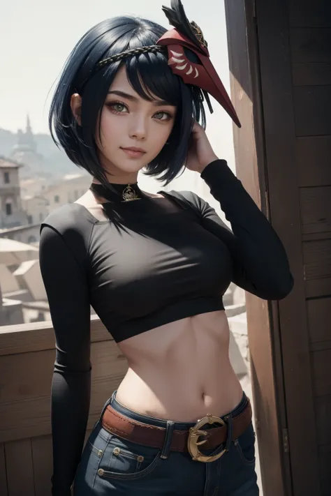 ((Black long sleeved top, long dark blue jeans, gold belt)), ((midriff, navel)), looking at viewer, smile, old italian town, standing with hand on own hip, (cinematic lighting, best quality, masterpiece, high details, best quality, highres, HD, 4K, 8k, sup...