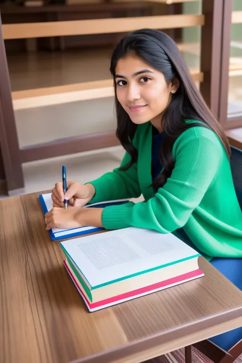 Foto RAW en secuencia, un retrato de un estudiante mexicano en la universidad --s2, ((rostro detallado, vestido de estudiante formal, sentado en una silla, mirada inteligente y concentrada)), alrededor de libros abiertos y papel con notas, Detailed backgro...